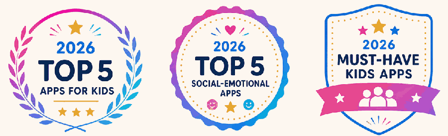 KidNation award collection featuring 2026 Top 5 Apps for Kids, 2026 Top 5 Social-Emotional Apps, and 2026 Must-Have Kids Apps.