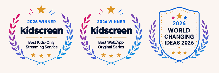 KidNation award collection featuring Kidscreen 2026 winner Best Kids-Only Streaming Service, Kidscreen 2026 winner Best Web/App Original Series, and World Changing Ideas 2026.