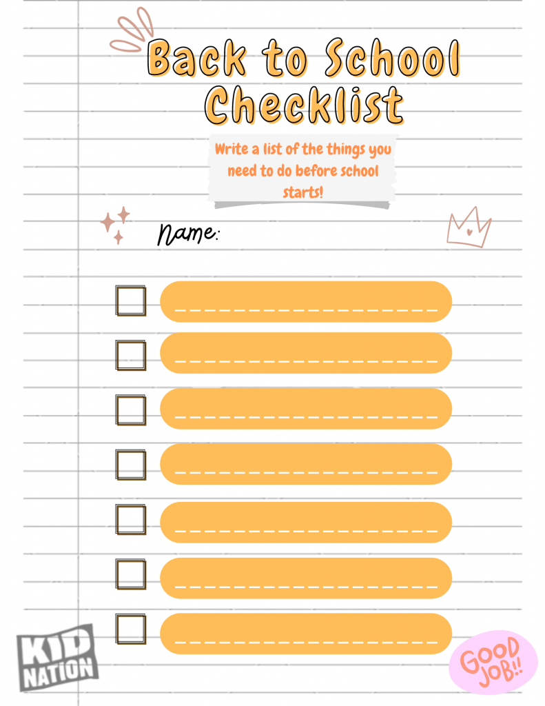 Back to School Checklist Worksheet