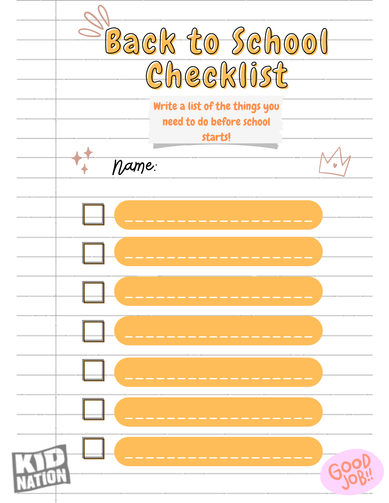 Back to School Checklist Worksheet