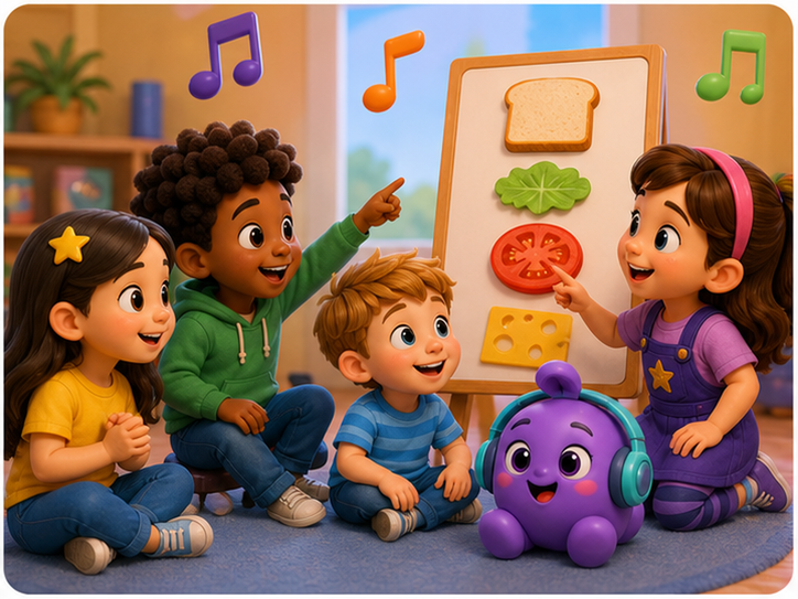KidNation-style illustration of kids using sandwich ingredients as a music conversation starter
