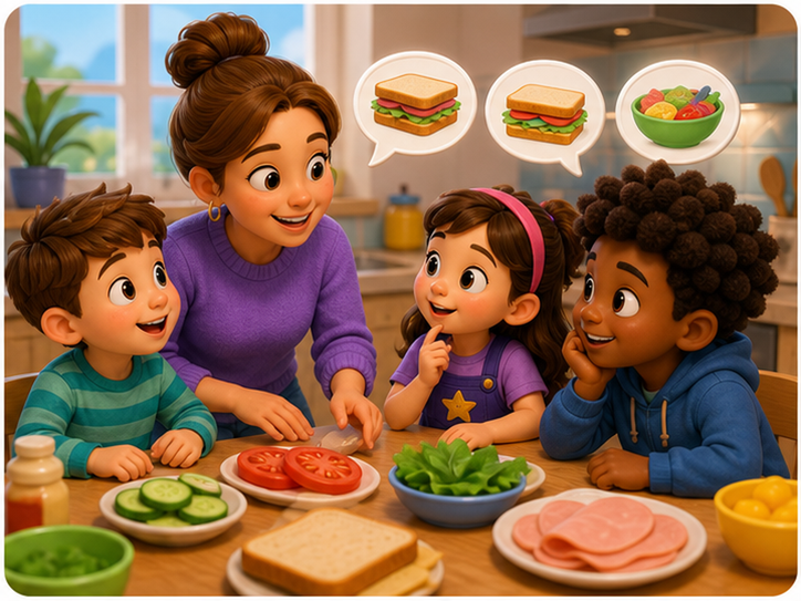 KidNation-style illustration of kids and a parent talking about sandwich choices
