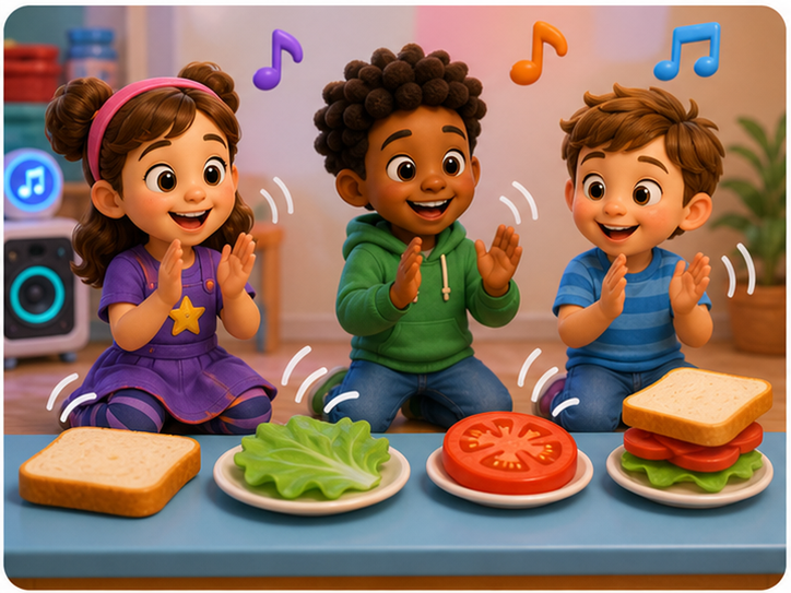 KidNation-style illustration of kids clapping a rhythm while building a sandwich activity