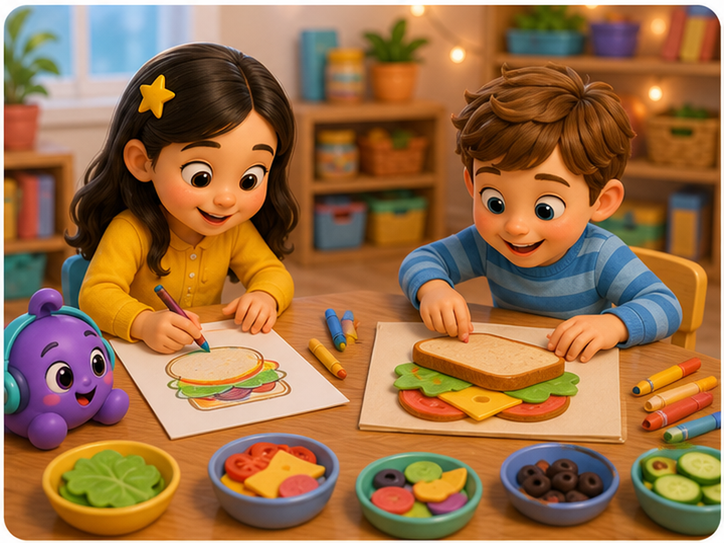 KidNation-style illustration of kids drawing and building pretend sandwiches after music