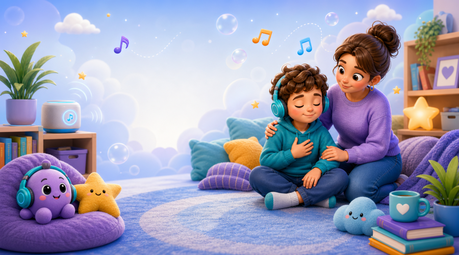 KidNation-style calming music hero image for an after-school reset blog post