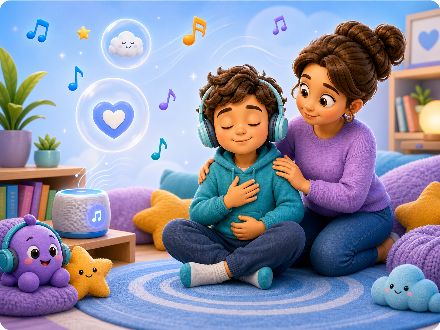 KidNation-style calming music illustration with child listening and breathing calmly
