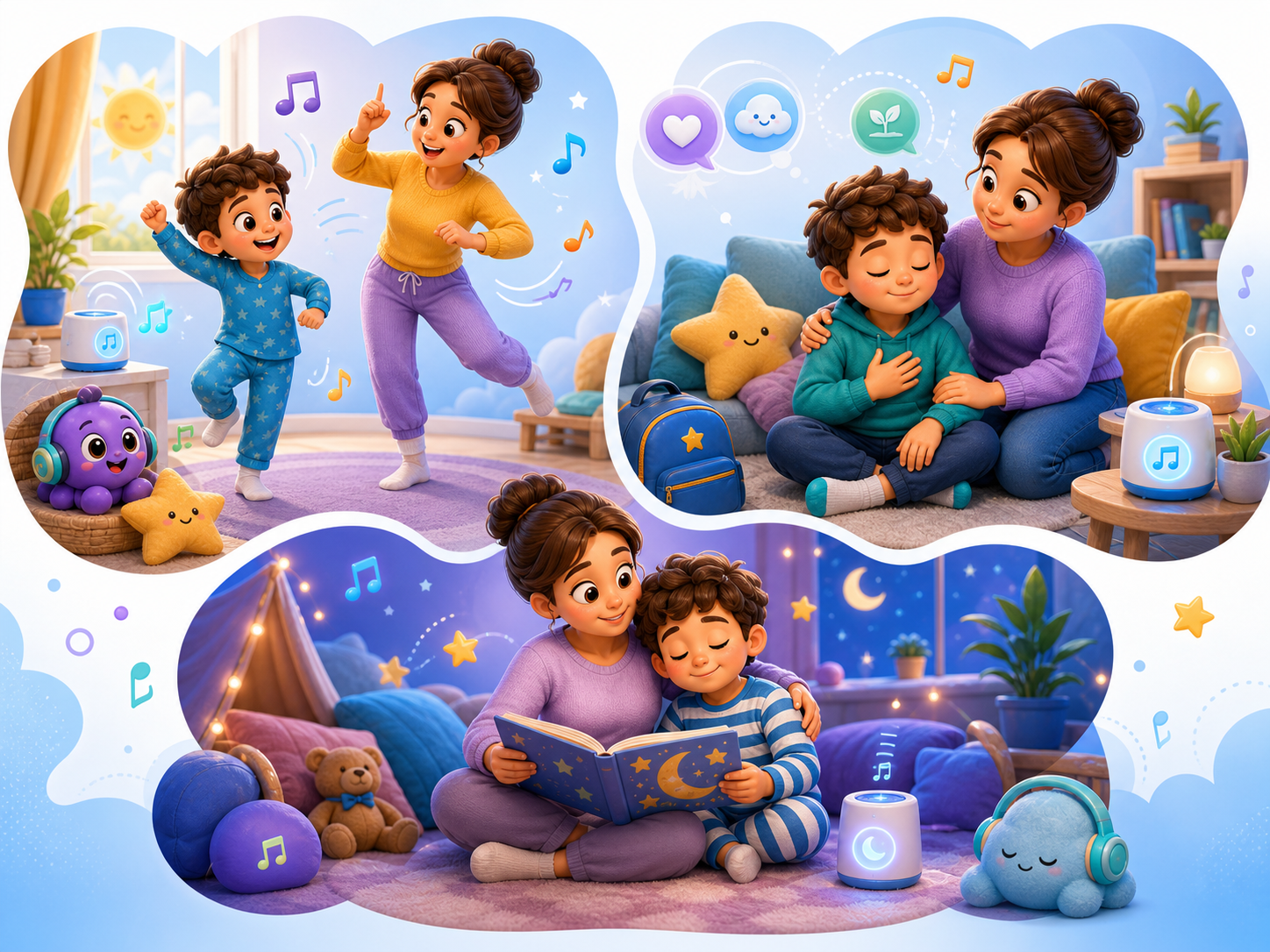 KidNation-style home routine illustration for using calming music through the week