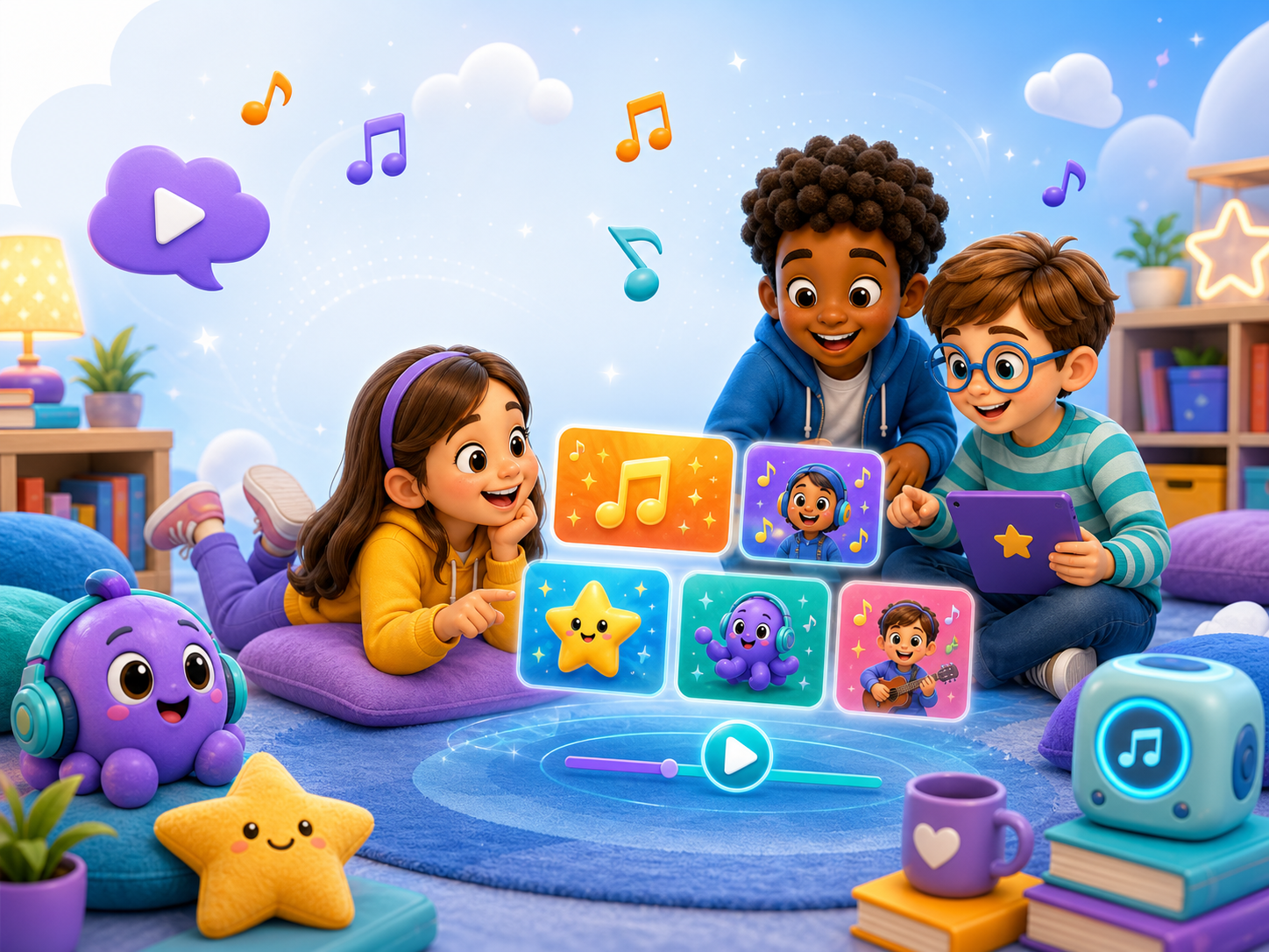 KidNation-style music and video library illustration for related kids songs and videos