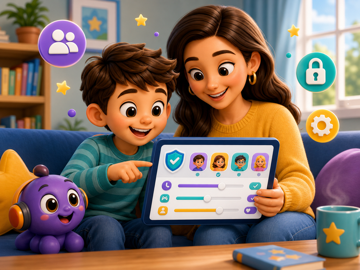 KidNation-style illustration of a parent reviewing child profile settings