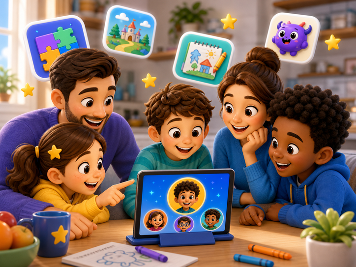 KidNation-style illustration of a family talking about profile choices