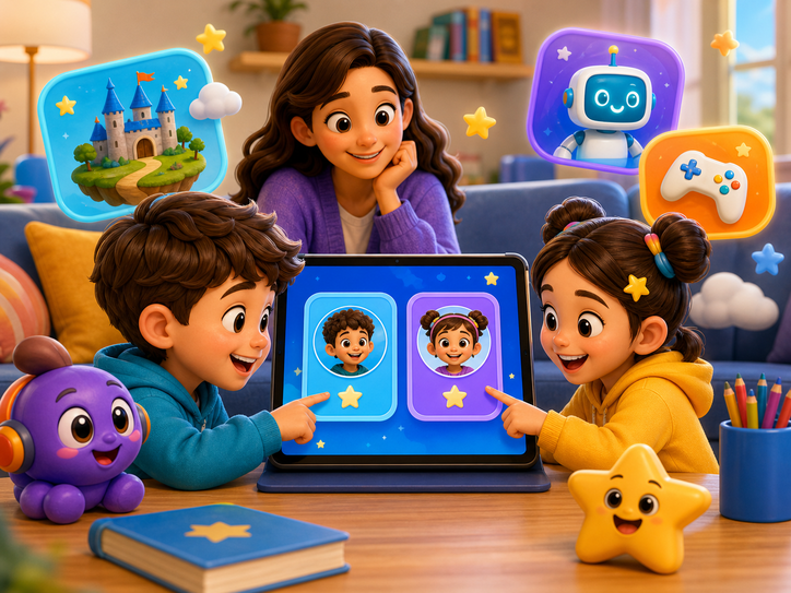 KidNation-style illustration of siblings switching profiles on a shared device