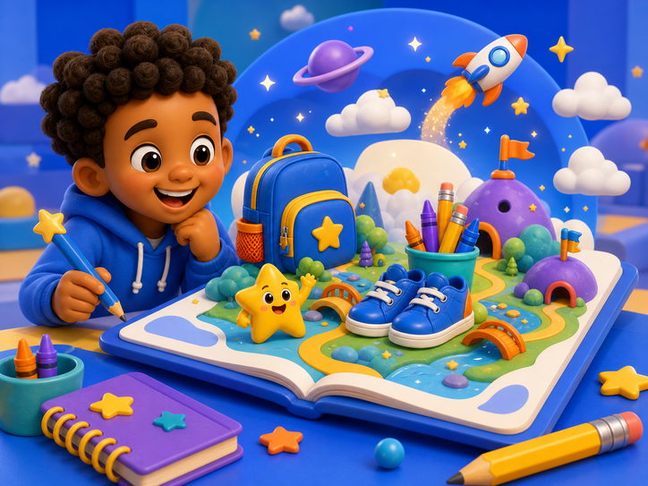 KidNation style child turning a school checklist into imaginative storytelling