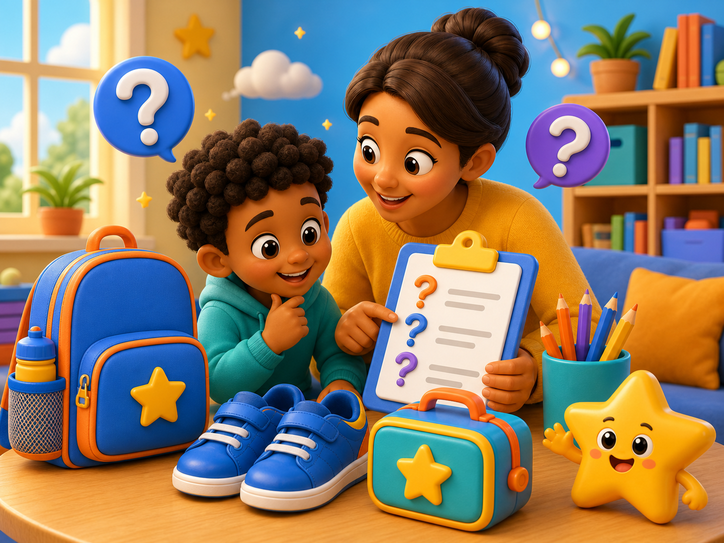KidNation style parent and child with back-to-school checklist questions