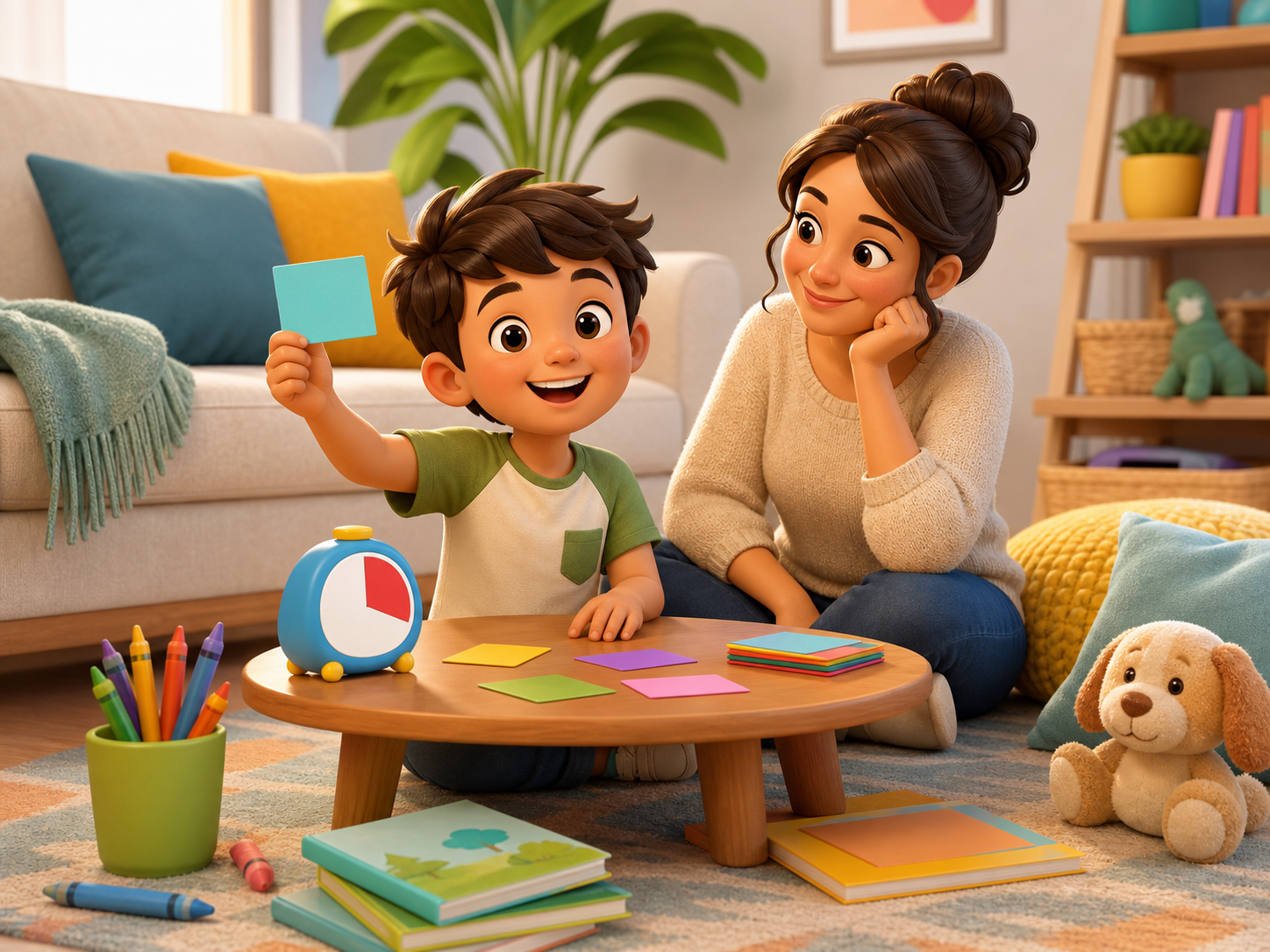 Child showing a completed practice card during a short home learning routine