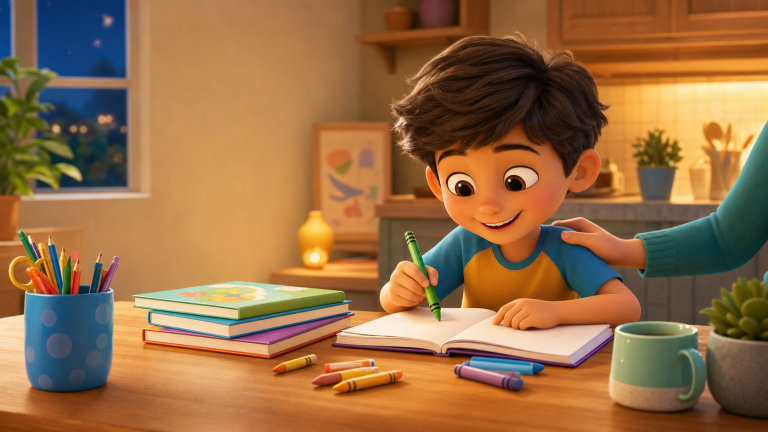 Child practicing a small study routine at a kitchen table with calm grown-up support