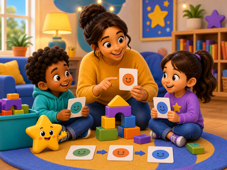 KidNation style parent helping children practice sharing at home