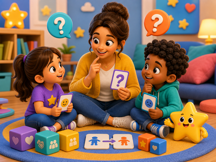 KidNation style friendship questions with parent teacher and kids