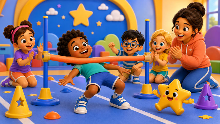 KidNation style kids playing a safe limbo-style movement game