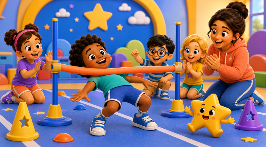 KidNation style kids playing a safe limbo-style movement game