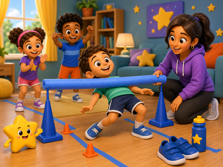 KidNation style family playing a limbo-style game at home