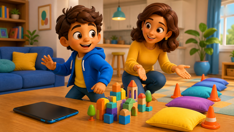 KidNation 3D artwork showing a child choosing creative play after screen time with a parent nearby