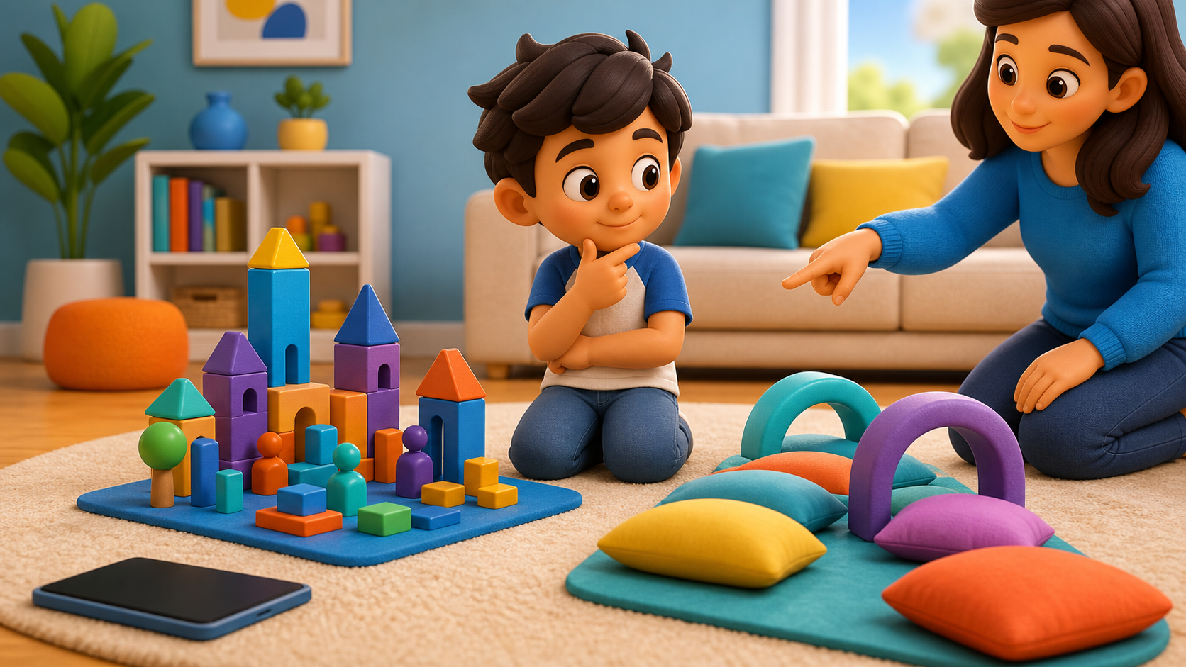 KidNation 3D artwork showing a child choosing between building blocks and a pillow path after screen time