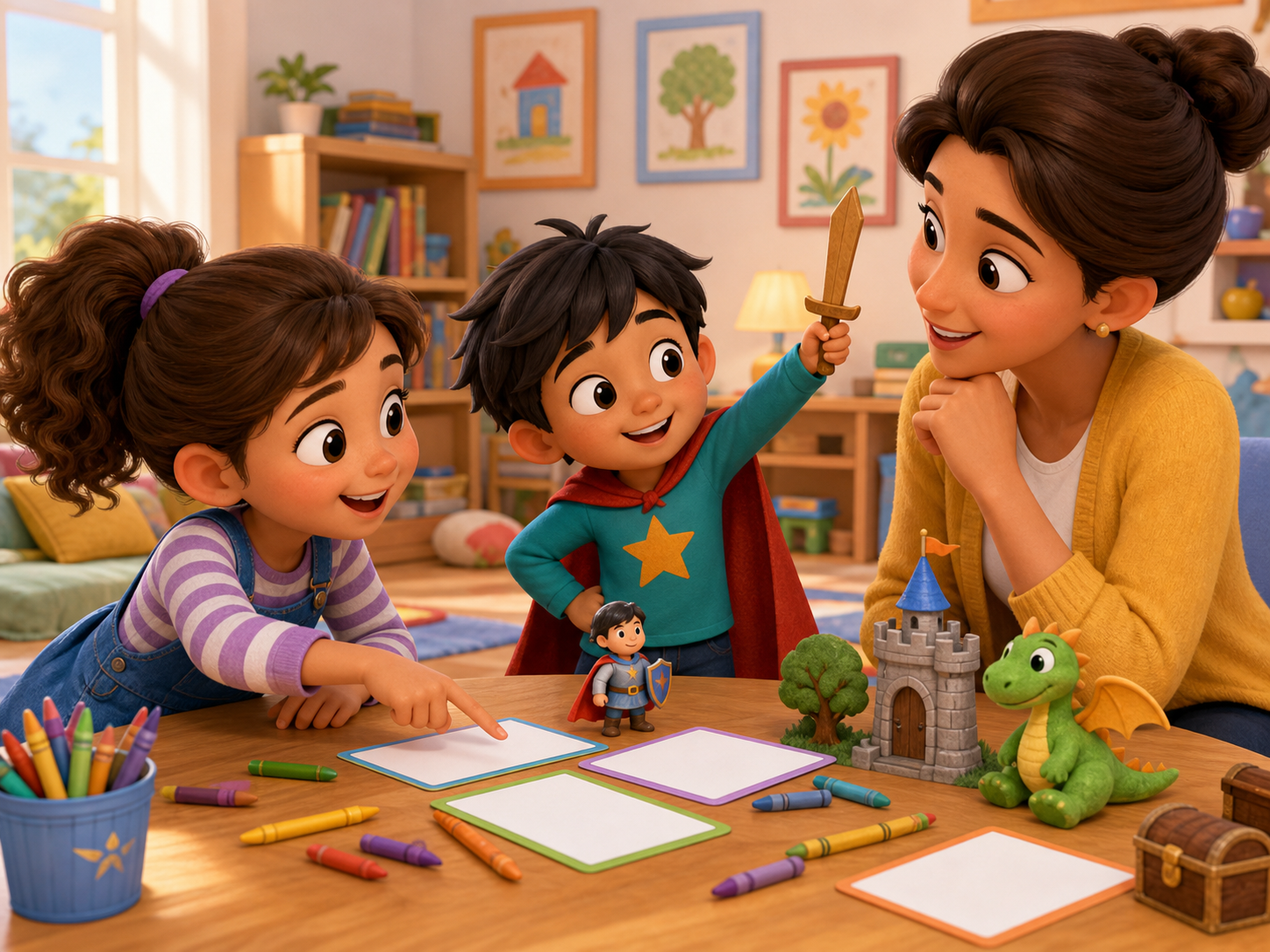 Children sharing story ideas with blank cards and playful character props