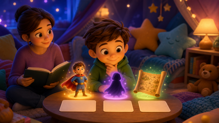Child choosing story ingredients with a parent in a cozy story nook