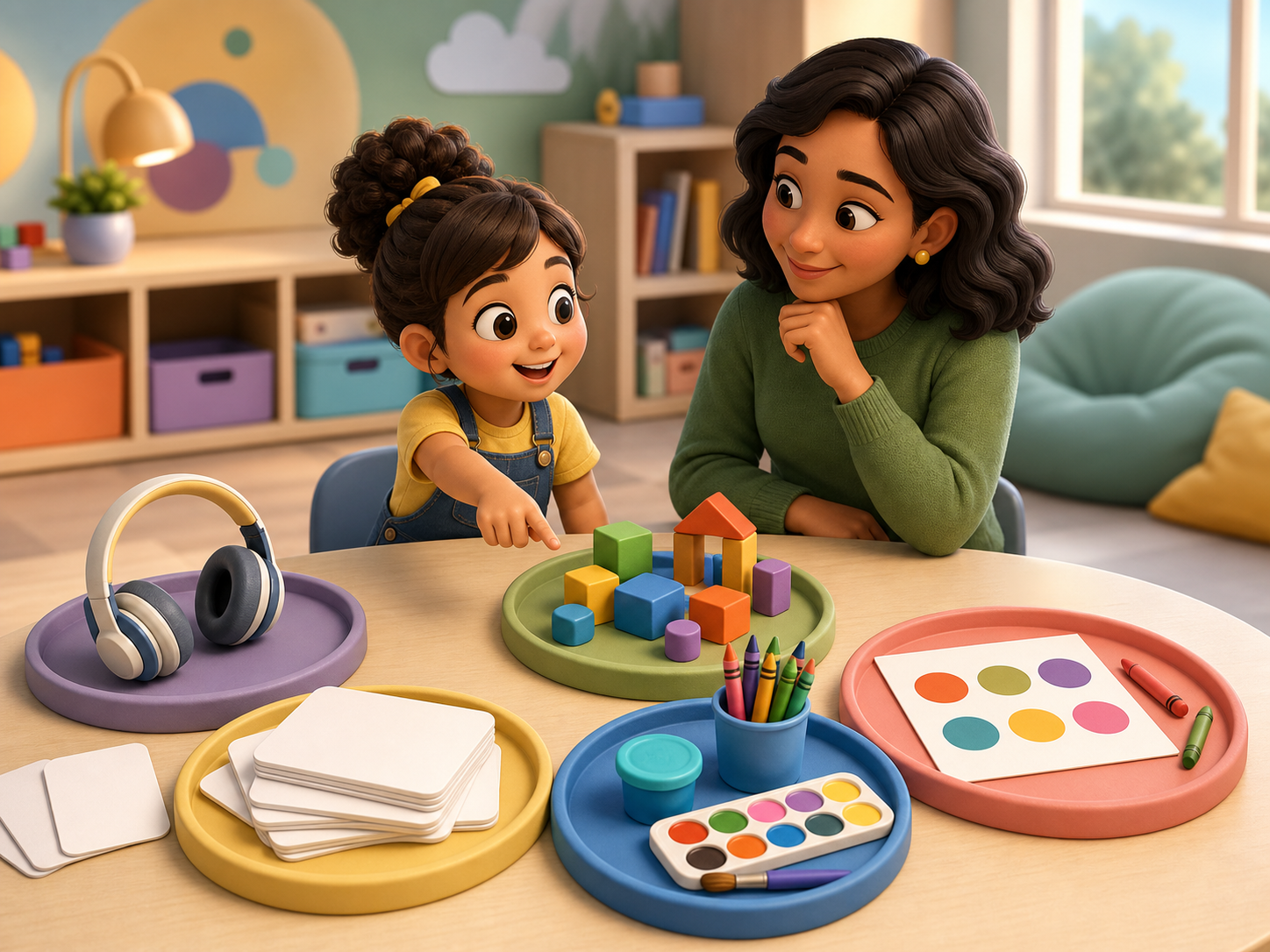 Parent and child exploring organized creative activity stations together