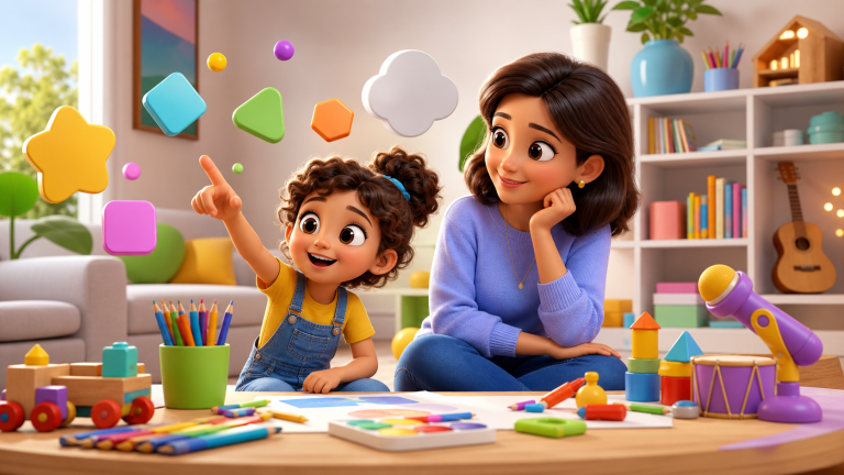 Parent and child reviewing creative activity choices in a bright family room