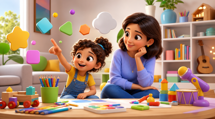 Parent and child reviewing creative activity choices in a bright family room