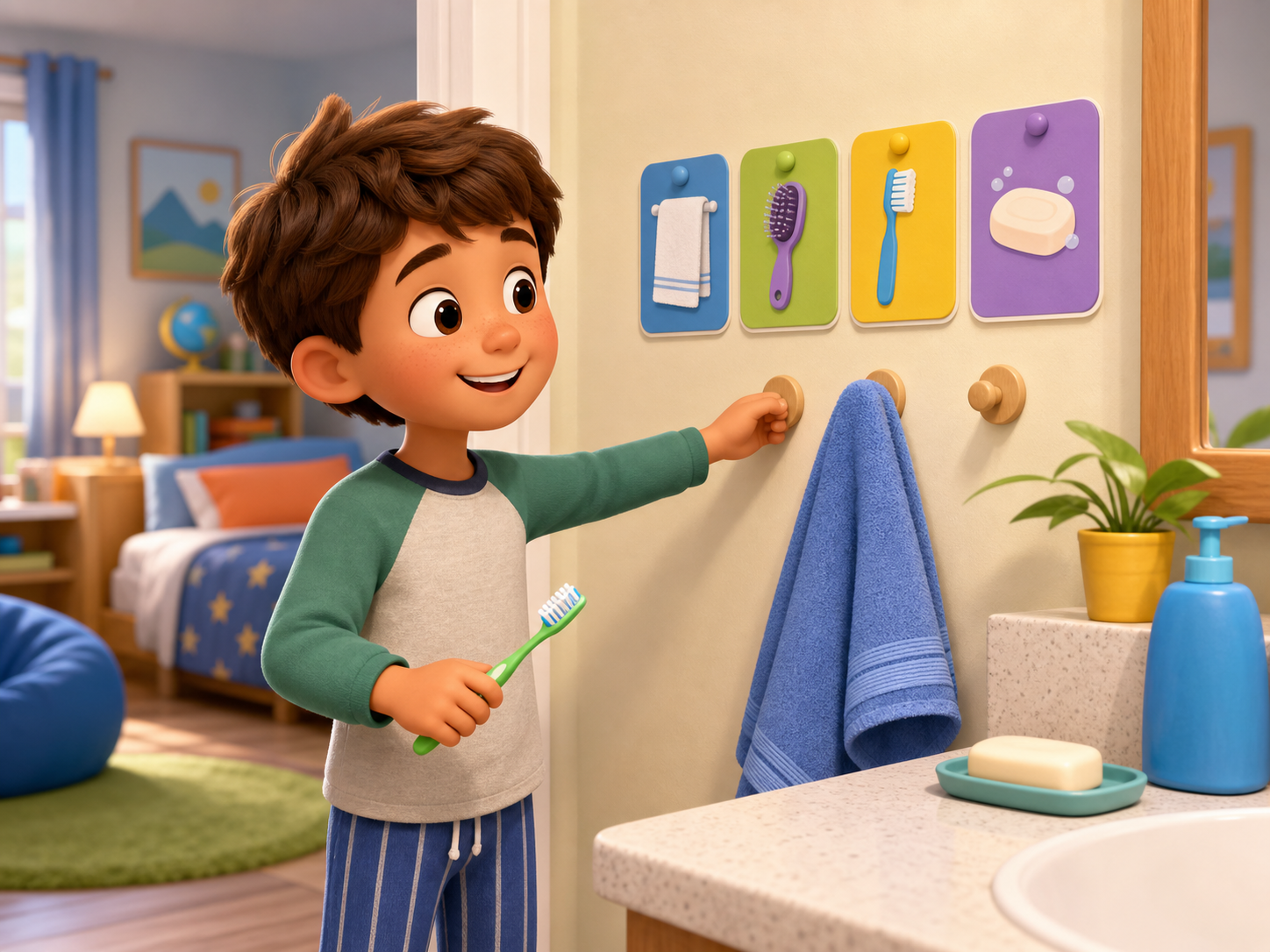 Child practicing a simple hygiene routine with colorful visual cards and bathroom supplies