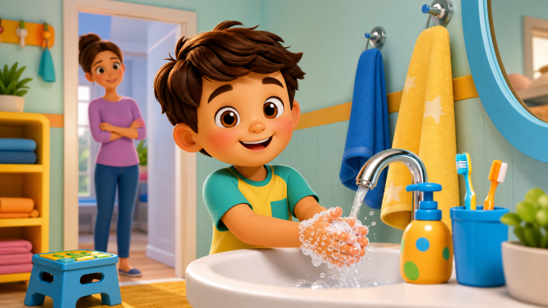 Child happily washing hands in a bright child-friendly bathroom