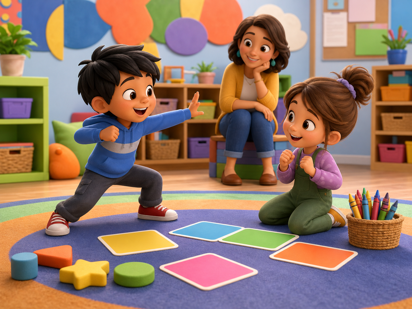 Children acting out a vocabulary idea during a friendly classroom partner activity