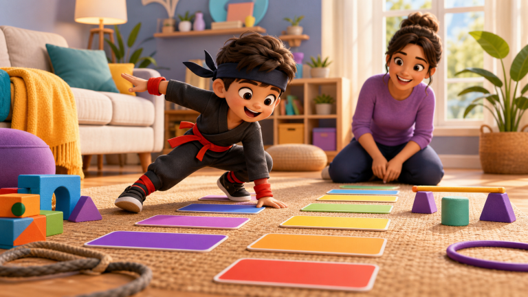 Child doing a playful vocabulary movement game with blank colored cards