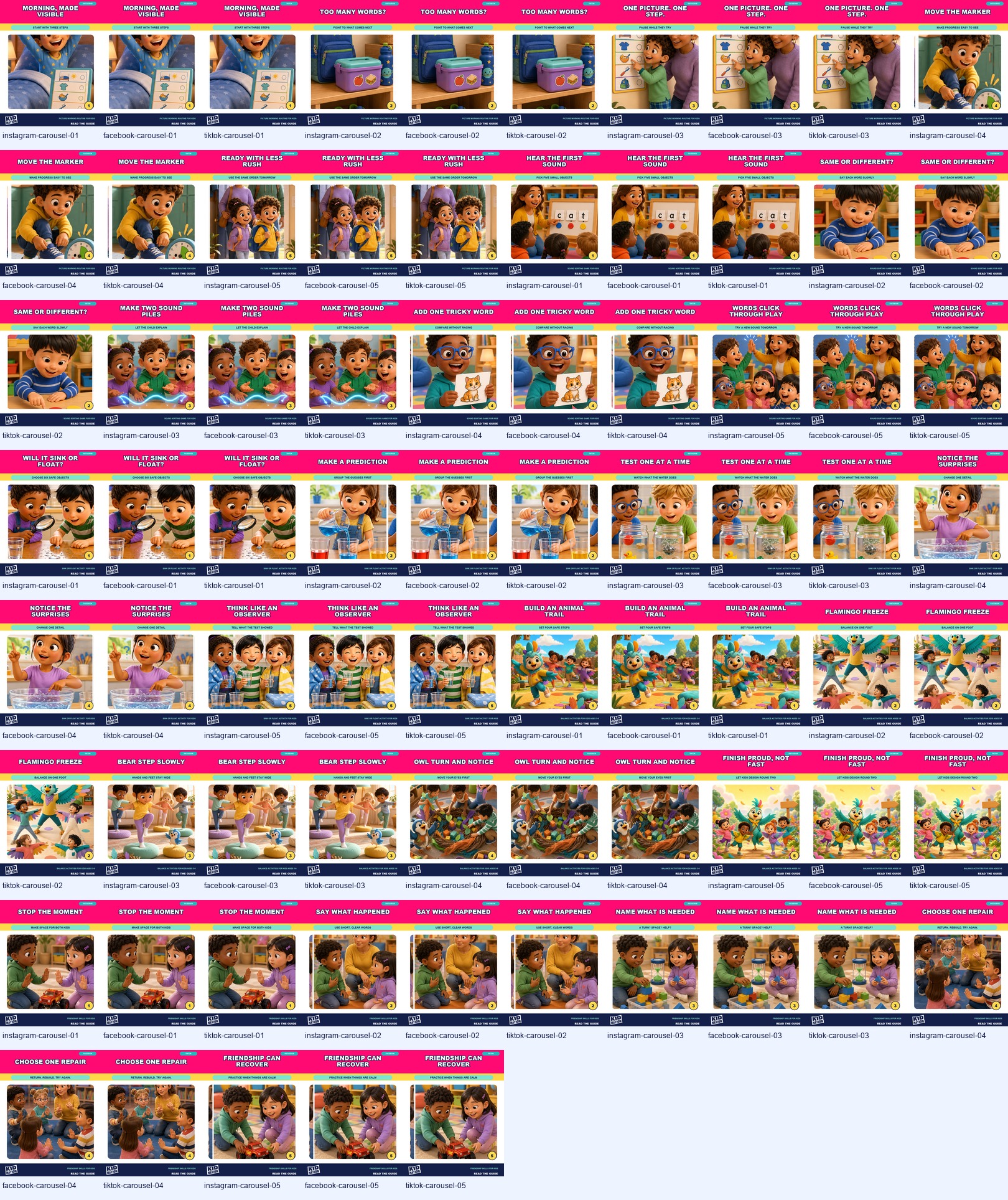 Contact sheet showing 75 KidNation Instagram, Facebook, and TikTok source carousel creatives across five activity topics