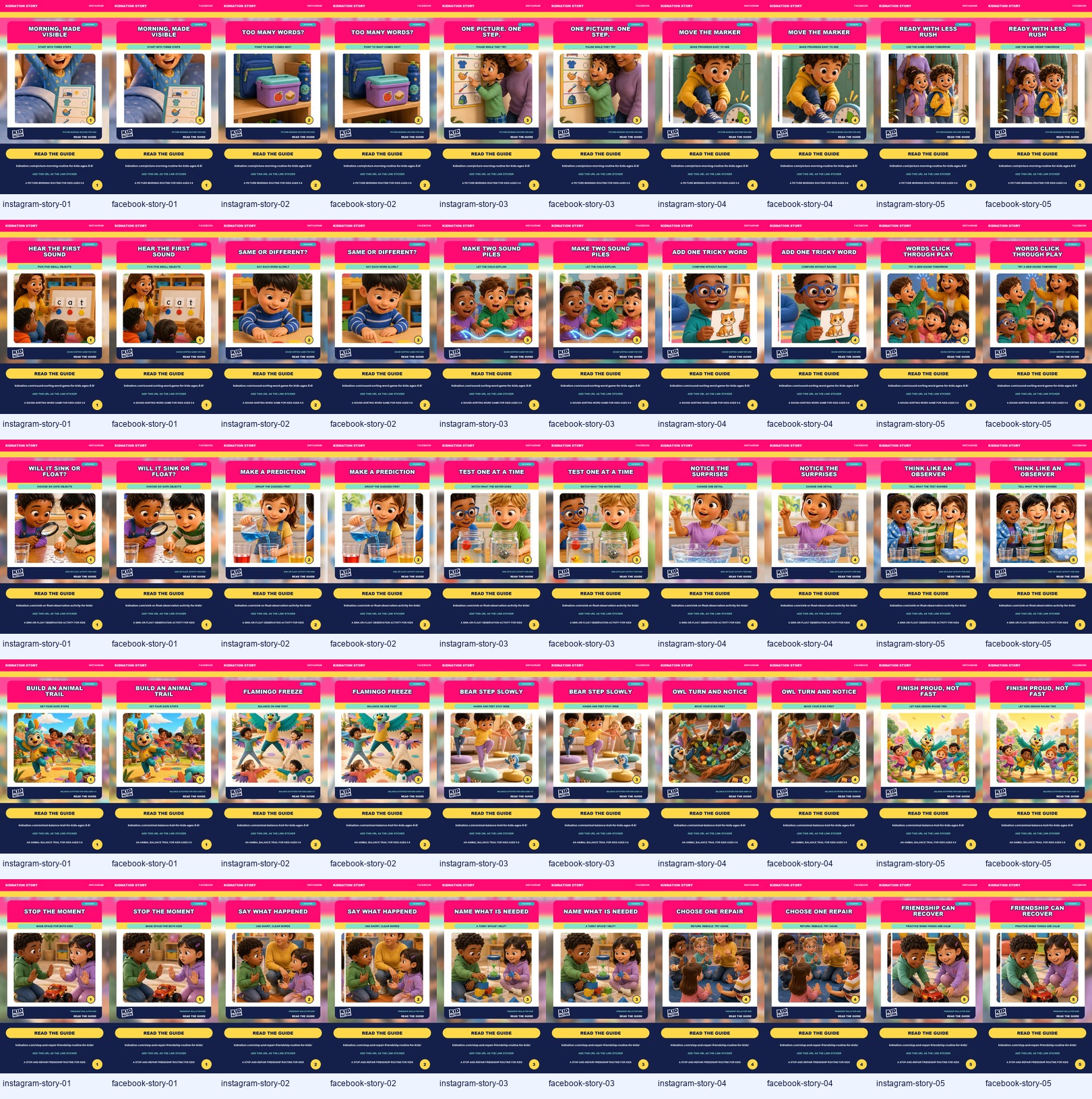 Contact sheet showing 50 approved KidNation Instagram and Facebook Story creatives across five activity topics